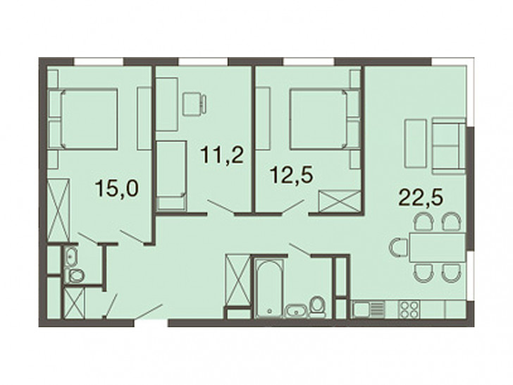 Трёхкомнатная квартира 84.2 м²