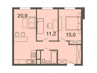 Двухкомнатная квартира 62.8 м²