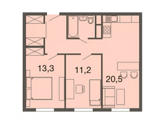 Двухкомнатная квартира 62.2 м²