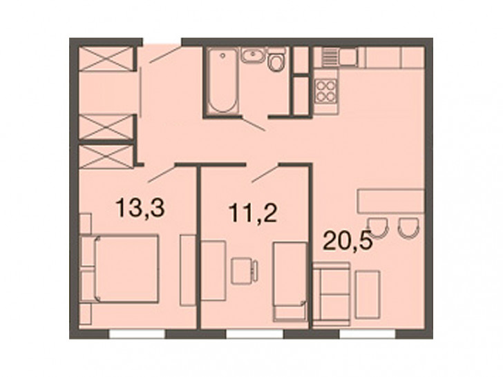 Двухкомнатная квартира 62.2 м²